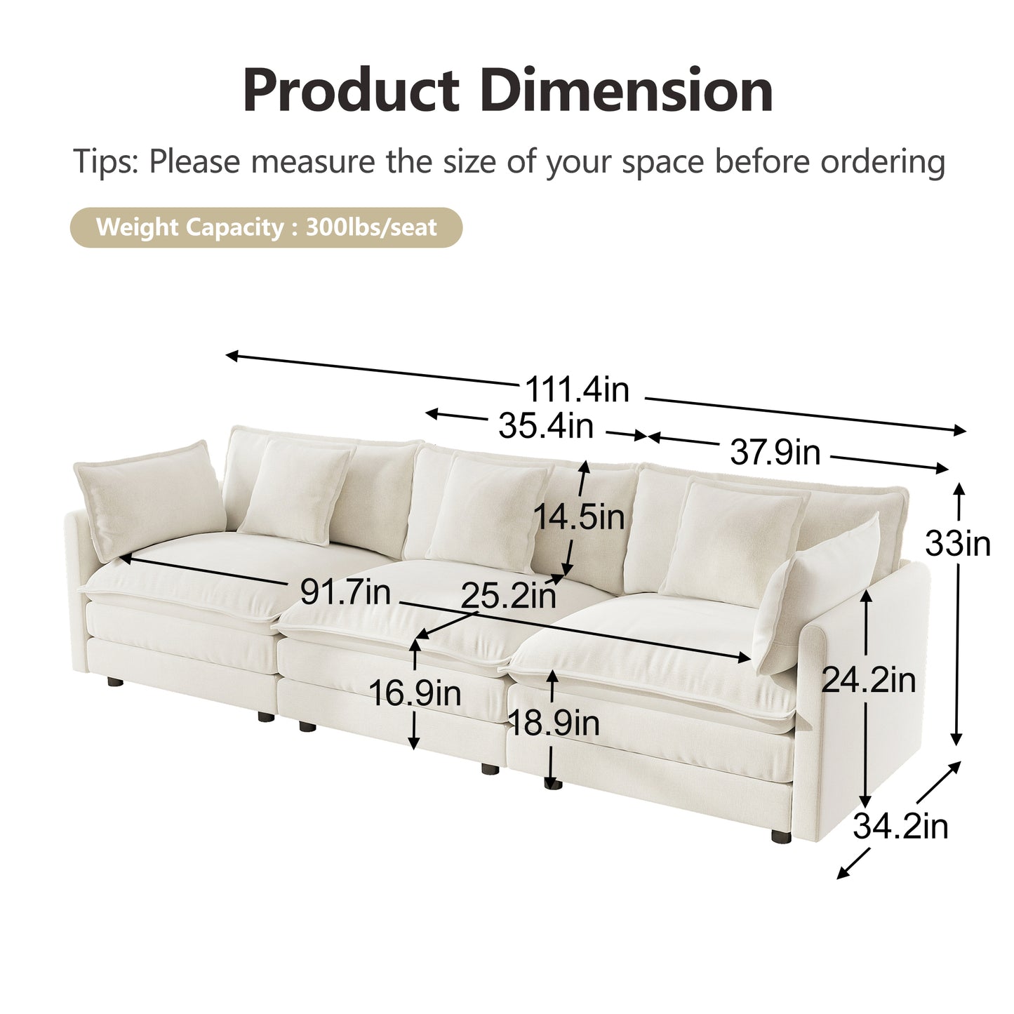 6 Seat White Chenille Sofa Set - Large Sectional Sofa