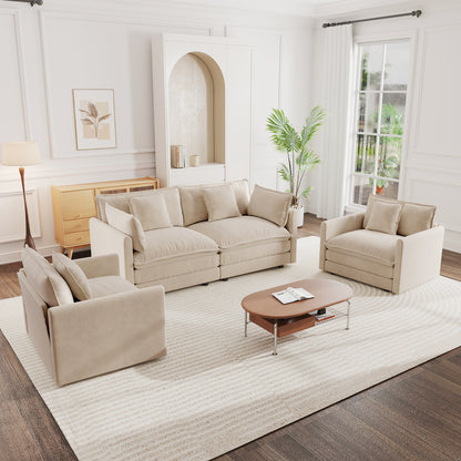 3 Piece Sofa Set with Arm Pillows and Toss Pillows , Sofa Set Include 2- Piece of Arm Chair and One 2-seat Sofa, Space Saving Casual Sofa Set for Living Room, Light Coffee Chenille