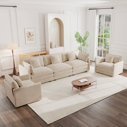 Sofa Set of 3, 1+1+3 Seats Living Room Sofa Set, Accent Chair, Loveseat, and Three-Seat Sofa Modern Style Round Arms 3 Piece Sofa Set, Light Coffee  Chenille