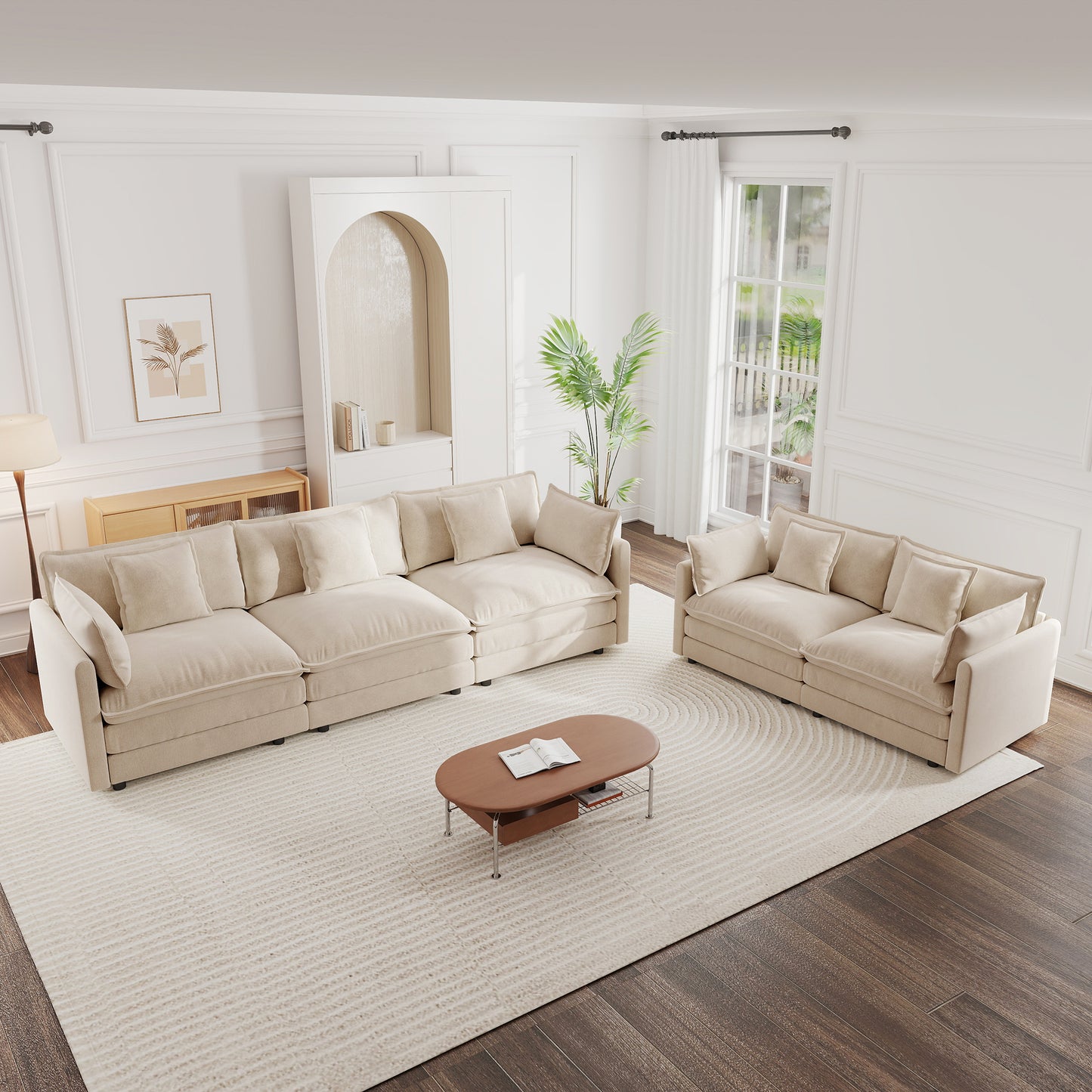 Sofa Set of 2 Chenille Couch, 2+3 Seater Sofa Set Deep Seat Sofa, Modern Sofa Set for Living Room, Light Coffee Chenille
