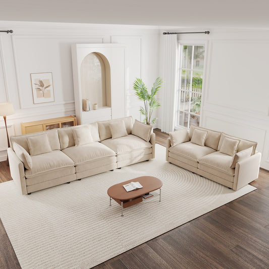Sofa Set of 2 Chenille Couch, 2+3 Seater Sofa Set Deep Seat Sofa, Modern Sofa Set for Living Room, Light Coffee Chenille