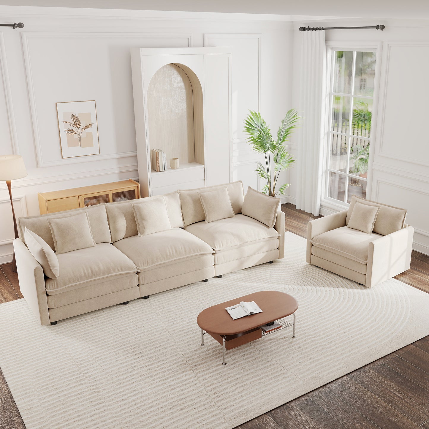 2-Piece Upholstered Sofa, Living Room Sectional Sofa Set Modern Sofa Couches Set , Deep Seat Sofa for Living Room Apartment, 1+3 Seat Light Coffee Chenille