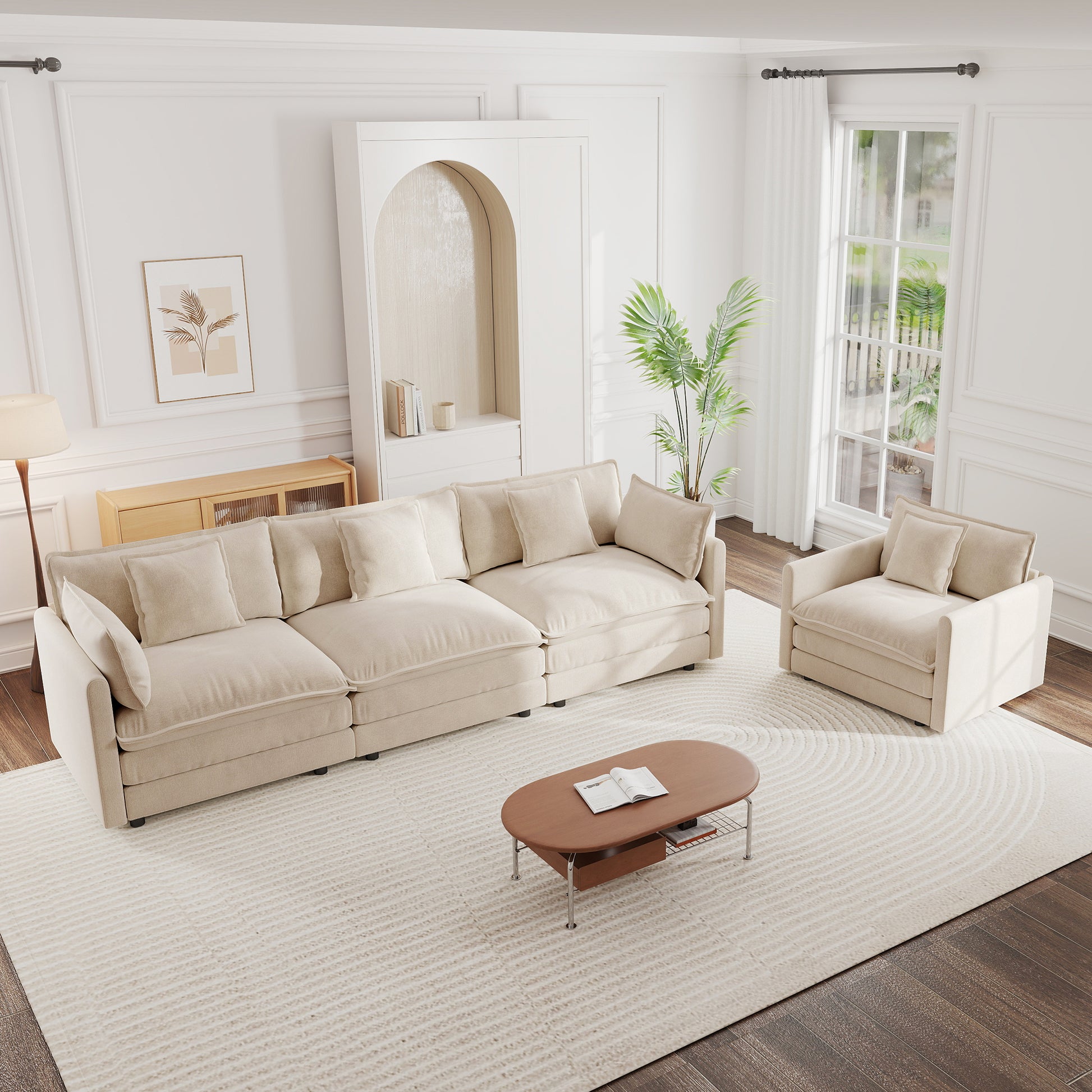 2-Piece Upholstered Sofa, Living Room Sectional Sofa Set Modern Sofa Couches Set , Deep Seat Sofa for Living Room Apartment, 1+3 Seat Light Coffee Chenille