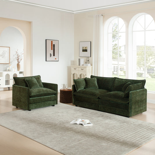 2 Seater Loveseat and Chair Set, 2 Piece Sofa & Chair Set, Loveseat and Accent Chair , 2-Piece Upholstered Chenille Sofa Living Room Couch Furniture(1+2 Seat ) ,Green Chenille