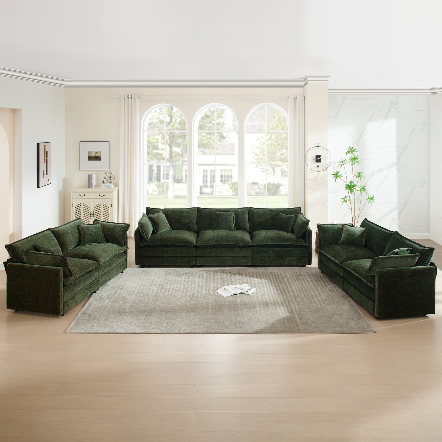 3 Piece Sofa Set Oversized Sofa Comfy Sofa Couch, 2 Pieces of 2 Seater and 1 Piece of 3 Seater Sofa  for Living Room, Deep Seat Sofa Green Chenille