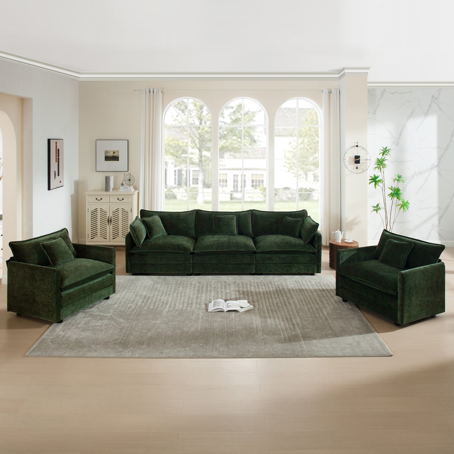 Sofa Set of 3, 1+1+3 Seats Living Room Sofa Set, Accent Chair, Loveseat, and Three-Seat Sofa Modern Style Round Arms 3 Piece Sofa Set, Green Chenille