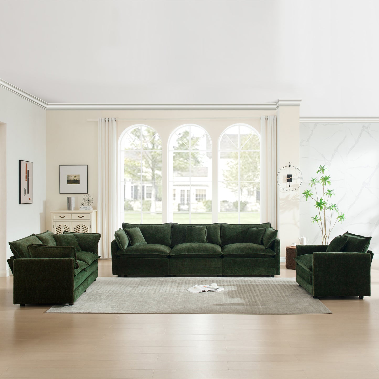Modern Sofa Couch, 3 Piece Set Extra Deep Seat Sectional Sofa for Living Room, Oversized Sofa, 3 Seat Sofa, Loveseat and Single Sofa, Green Chenille