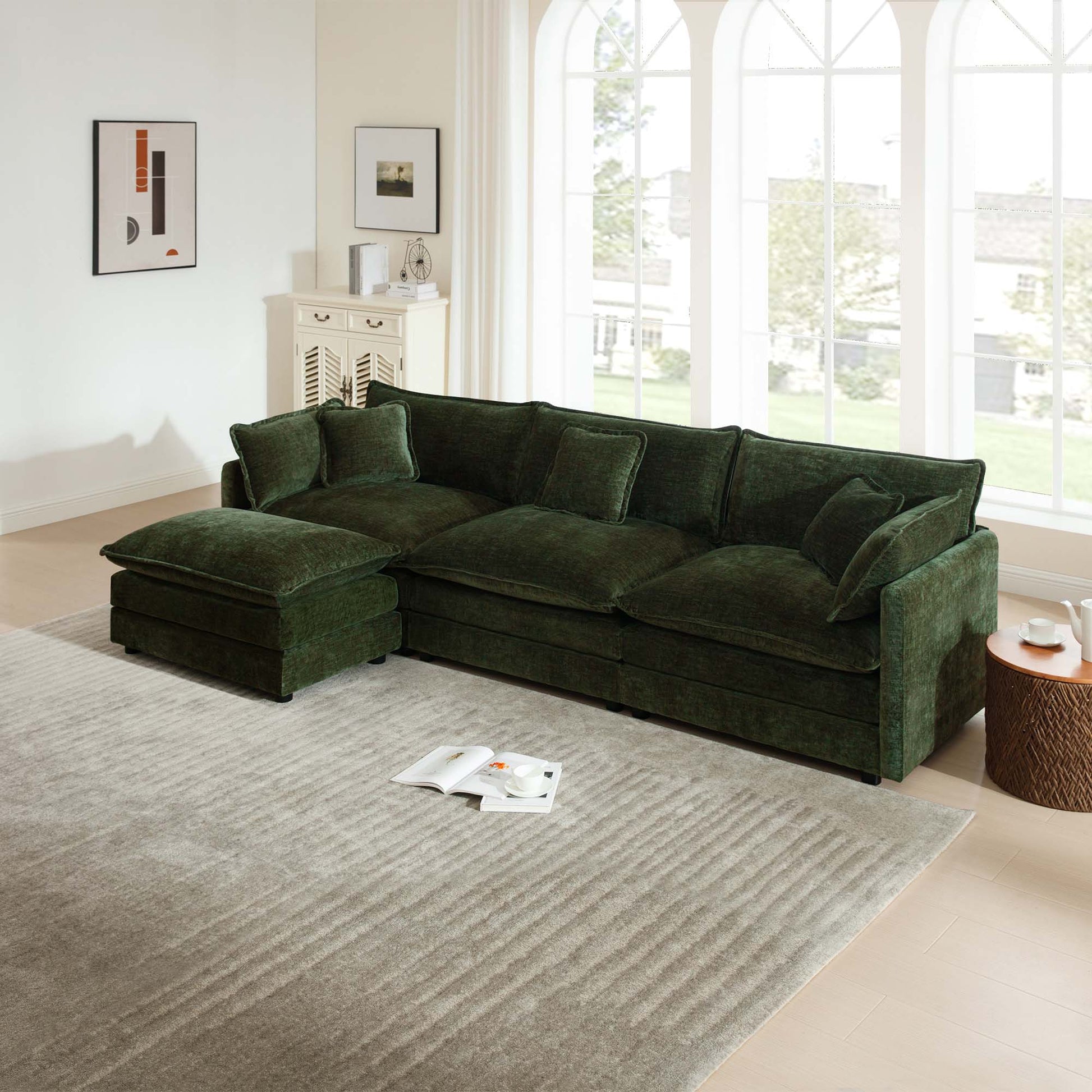 Free Combination Comfy Upholstery Modular Oversized L Shaped Sectional Sofa With Reversible Ottoman, Green Chenille