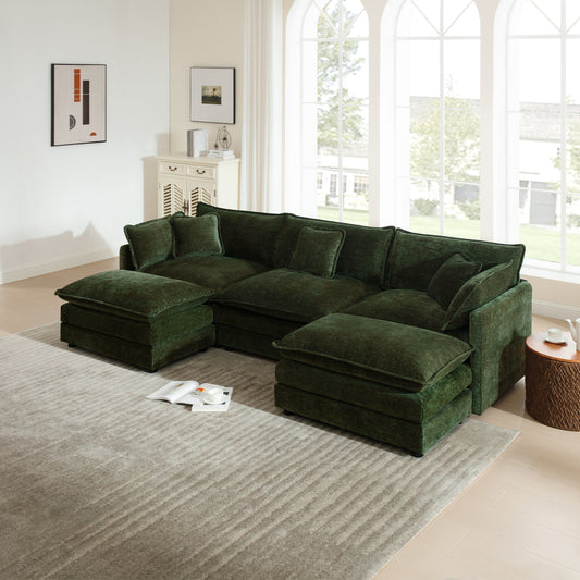 U-Shaped Sectional Sofa w/Reversible Footrest, 3-Seater Convertible Corner Couch with 2 Ottomans ,Modern Minimalist Soft Sofa & Couch for Living Room , Green Chenille