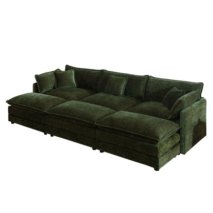 Green Modular 3 Seat Sectional Sofa with Ottomans and Chenille Fabric for Living Room