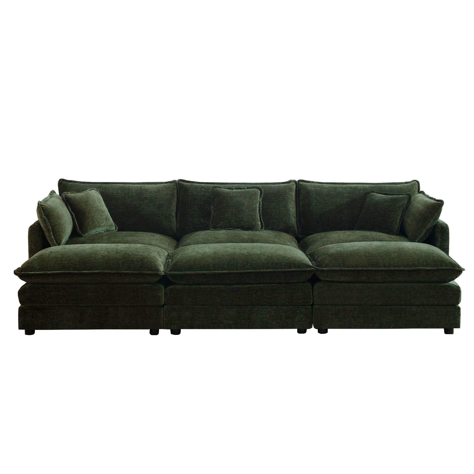 Green Modular 3 Seat Sectional Sofa with Ottomans and Chenille Fabric for Living Room