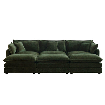 Green Modular 3 Seat Sectional Sofa with Ottomans and Chenille Fabric for Living Room