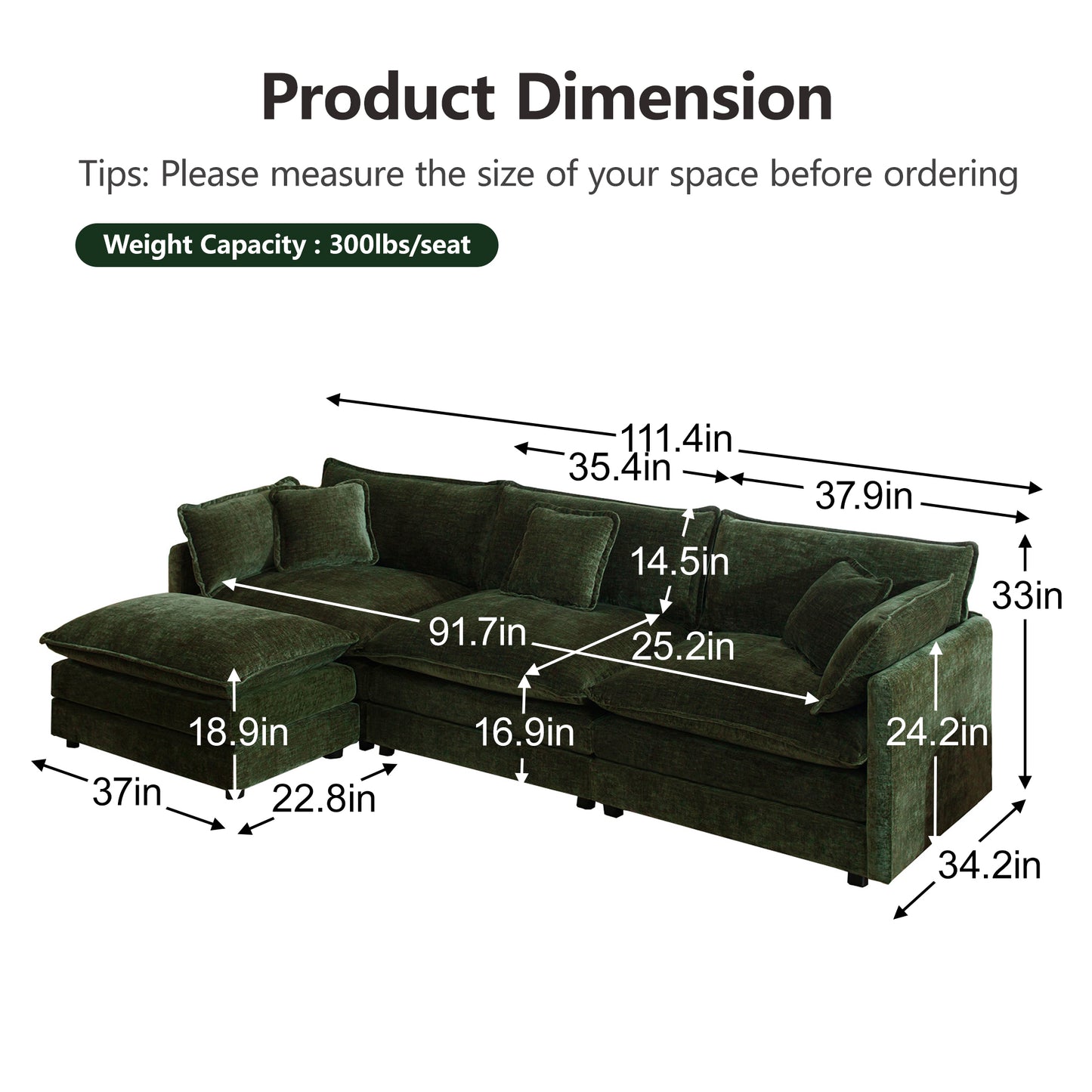 Green Modular 3 Seat Sectional Sofa with Ottomans and Chenille Fabric for Living Room