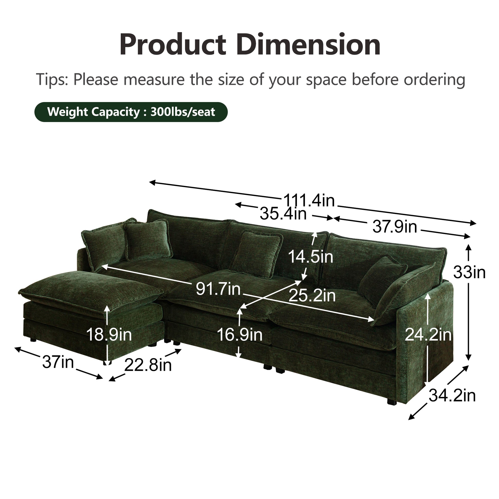 Green Modular 3 Seat Sectional Sofa with Ottomans and Chenille Fabric for Living Room
