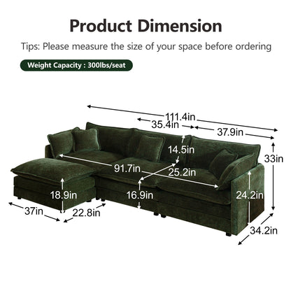 Green Modular 3 Seat Sectional Sofa with Ottomans and Chenille Fabric for Living Room