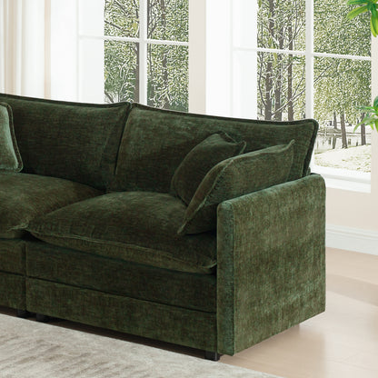 Green Modular 3 Seat Sectional Sofa with Ottomans and Chenille Fabric for Living Room
