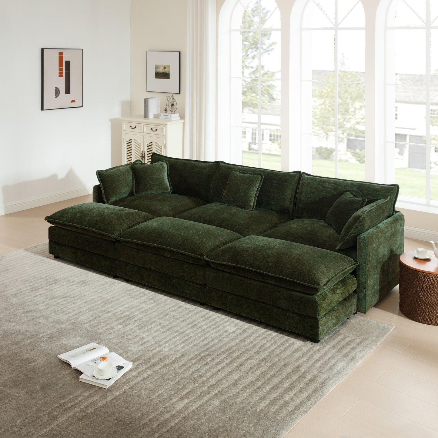 Comfortable Deep Seat Reversible Modular 3 Seater Sectional Super Soft Sofa U Shaped Sectional Couch with 3 Ottomans, 3 Toss Pillows and 2 Arm Pillows