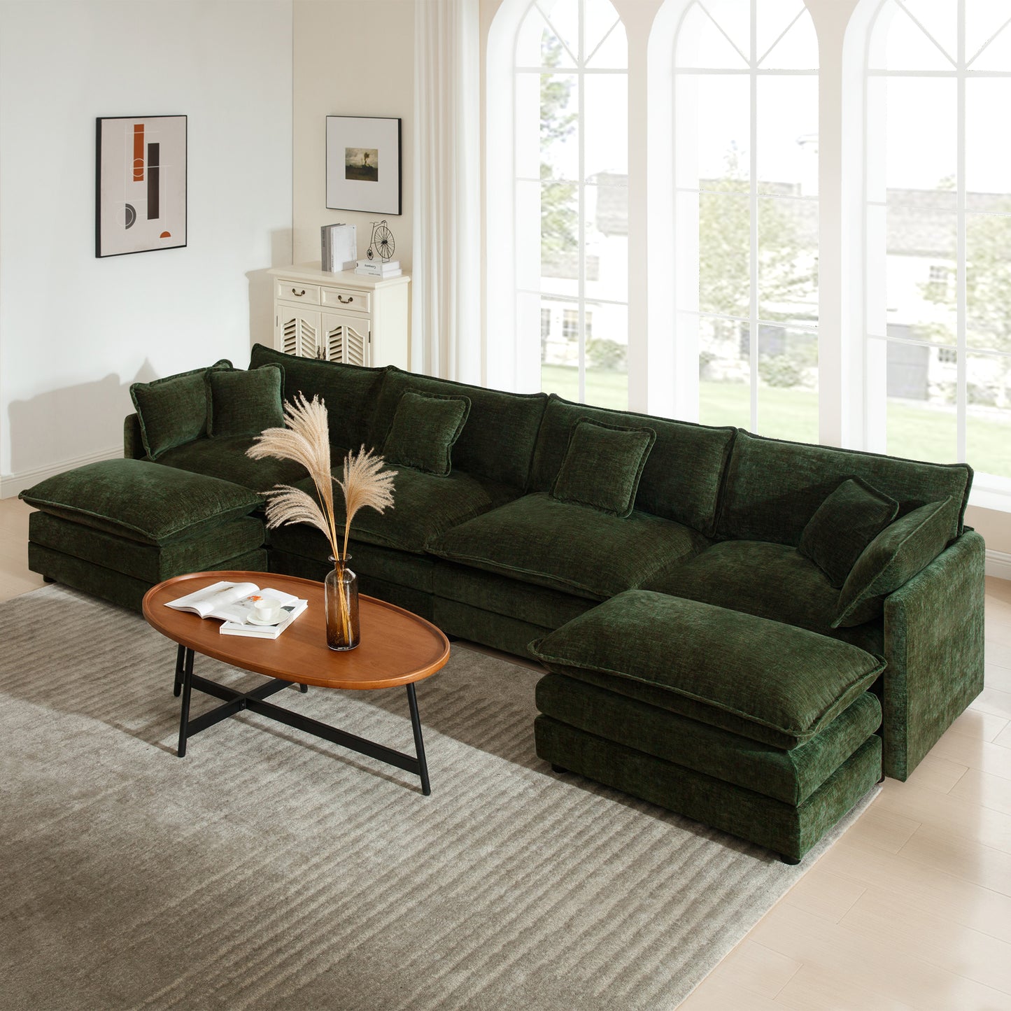 Comfort U Shaped Couch with Reversible Chaise, Modular Large U-Shape Sectional Sofa, Double Extra Ottomans,Green Chenille