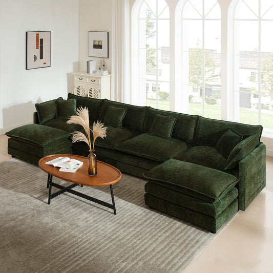 Comfort U Shaped Couch with Reversible Chaise, Modular Large U-Shape Sectional Sofa, Double Extra Ottomans,Green Chenille