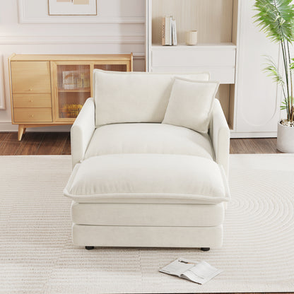 Modern Accent Chair with Ottoman - White Chenille, Comfortable Reading Chair