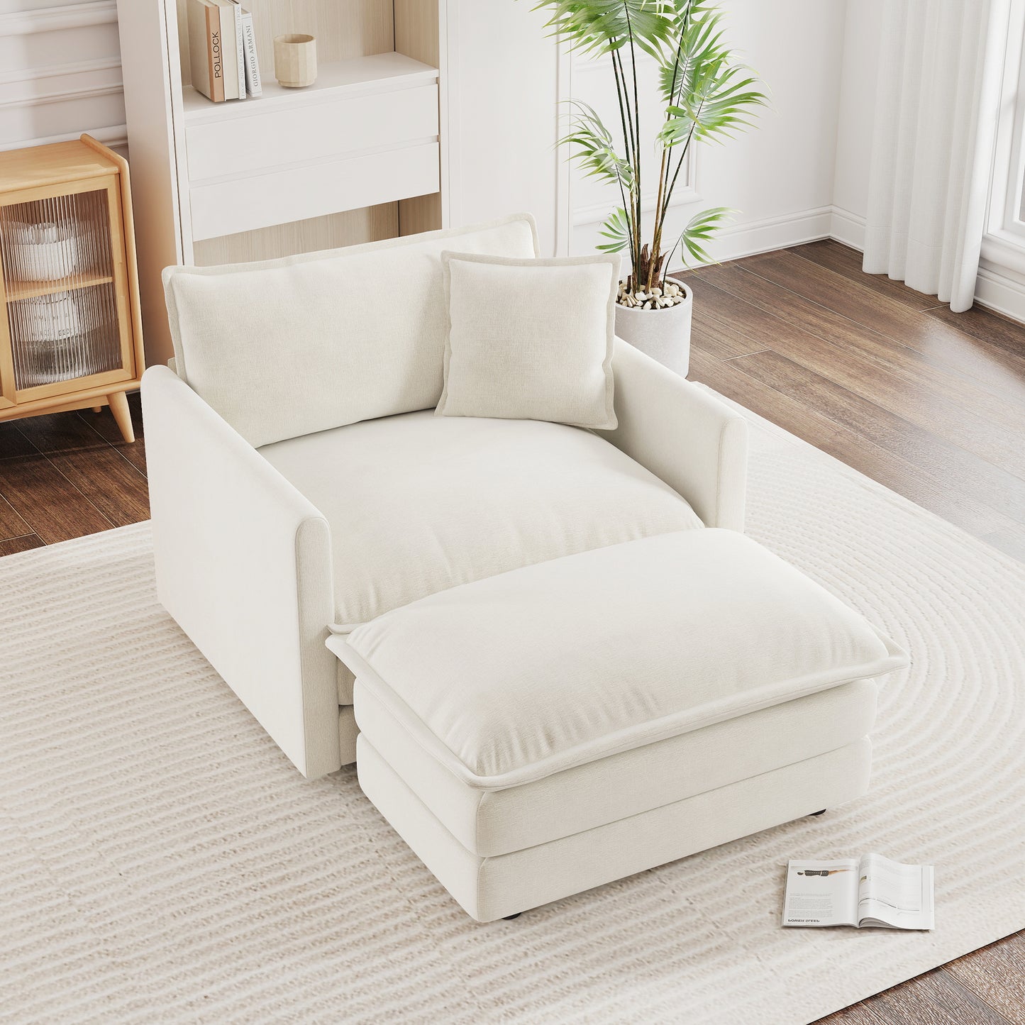Modern Accent Chair with Ottoman - White Chenille, Comfortable Reading Chair