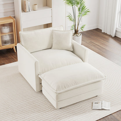 Modern Accent Chair with Ottoman - White Chenille, Comfortable Reading Chair