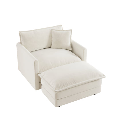 Modern Accent Chair with Ottoman - White Chenille, Comfortable Reading Chair