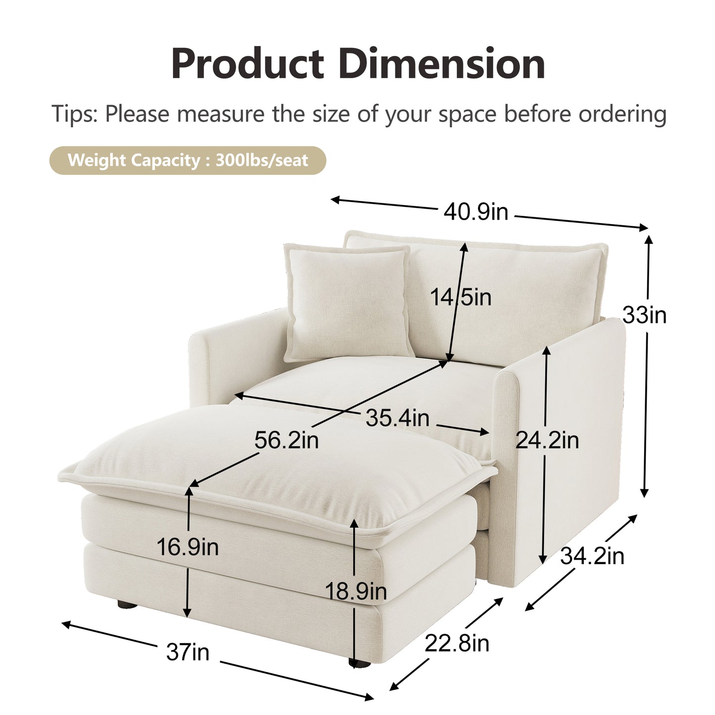 Modern Accent Chair with Ottoman - White Chenille, Comfortable Reading Chair