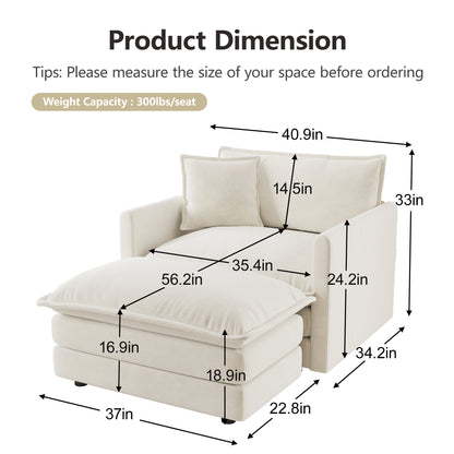 Modern Accent Chair with Ottoman - White Chenille, Comfortable Reading Chair