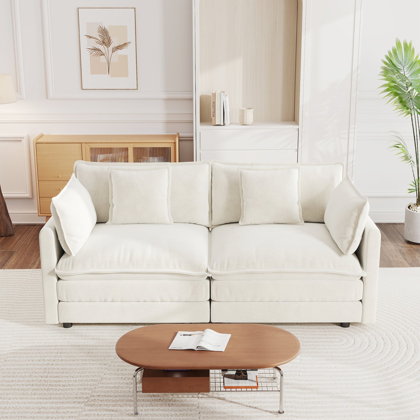 Modern Fabric Loveseat Sofa Couch for Living Room, Upholstered Large Size Deep Seat 2-Seat Sofa with 4 Pillows ,White Chenille