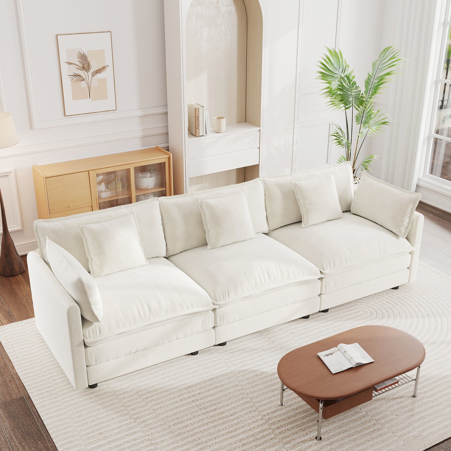 Mid-Century Modern 3-Seater Sofa - White Chenille Couch for Living Room