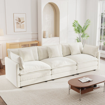 Mid-Century Modern 3-Seater Sofa - White Chenille Couch for Living Room