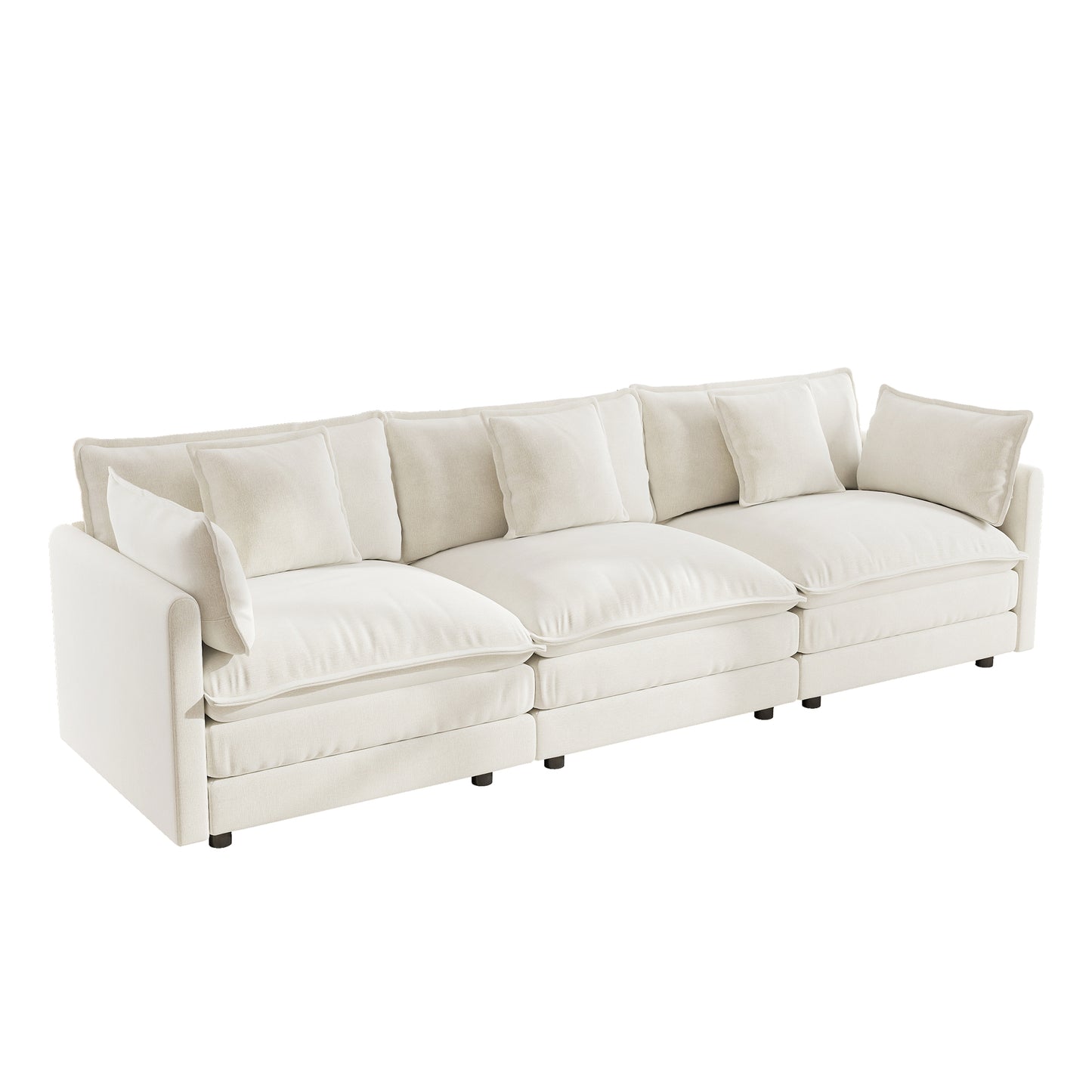 Mid-Century Modern 3-Seater Sofa - White Chenille Couch for Living Room