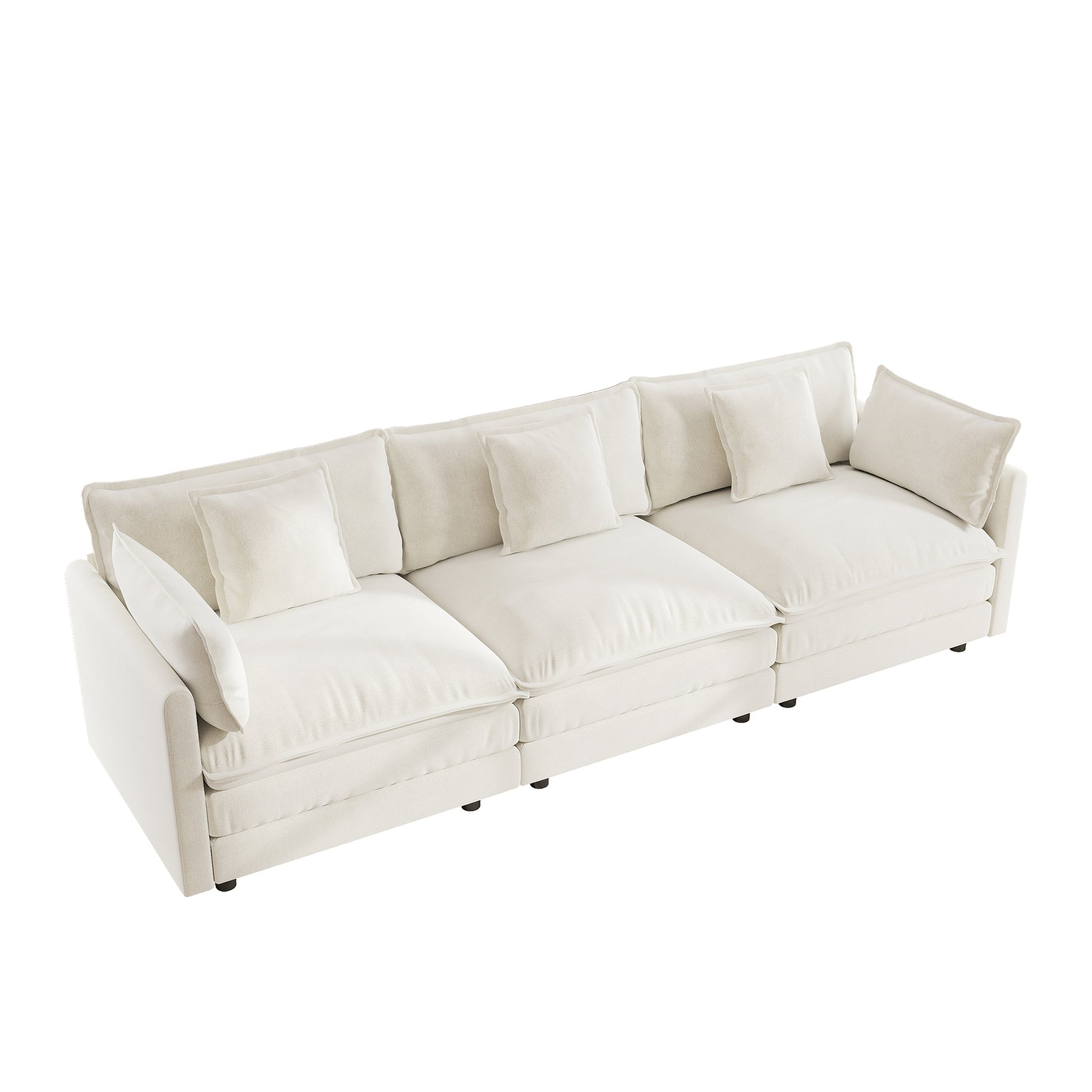 Mid-Century Modern 3-Seater Sofa - White Chenille Couch for Living Room