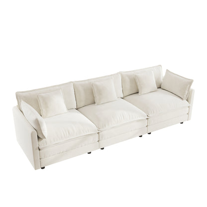 Mid-Century Modern 3-Seater Sofa - White Chenille Couch for Living Room