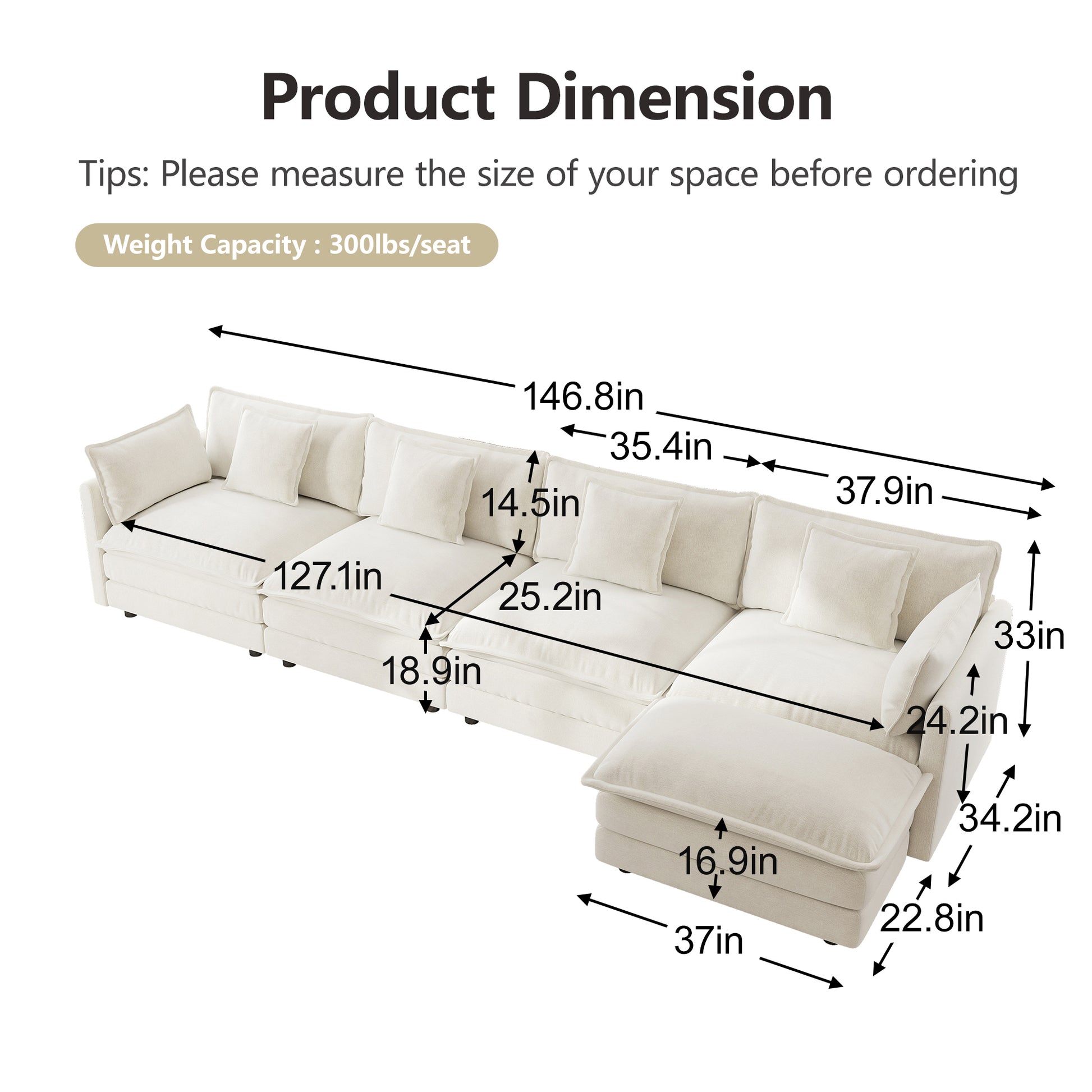 3 Seat White Chenille Modular Sectional Sofa