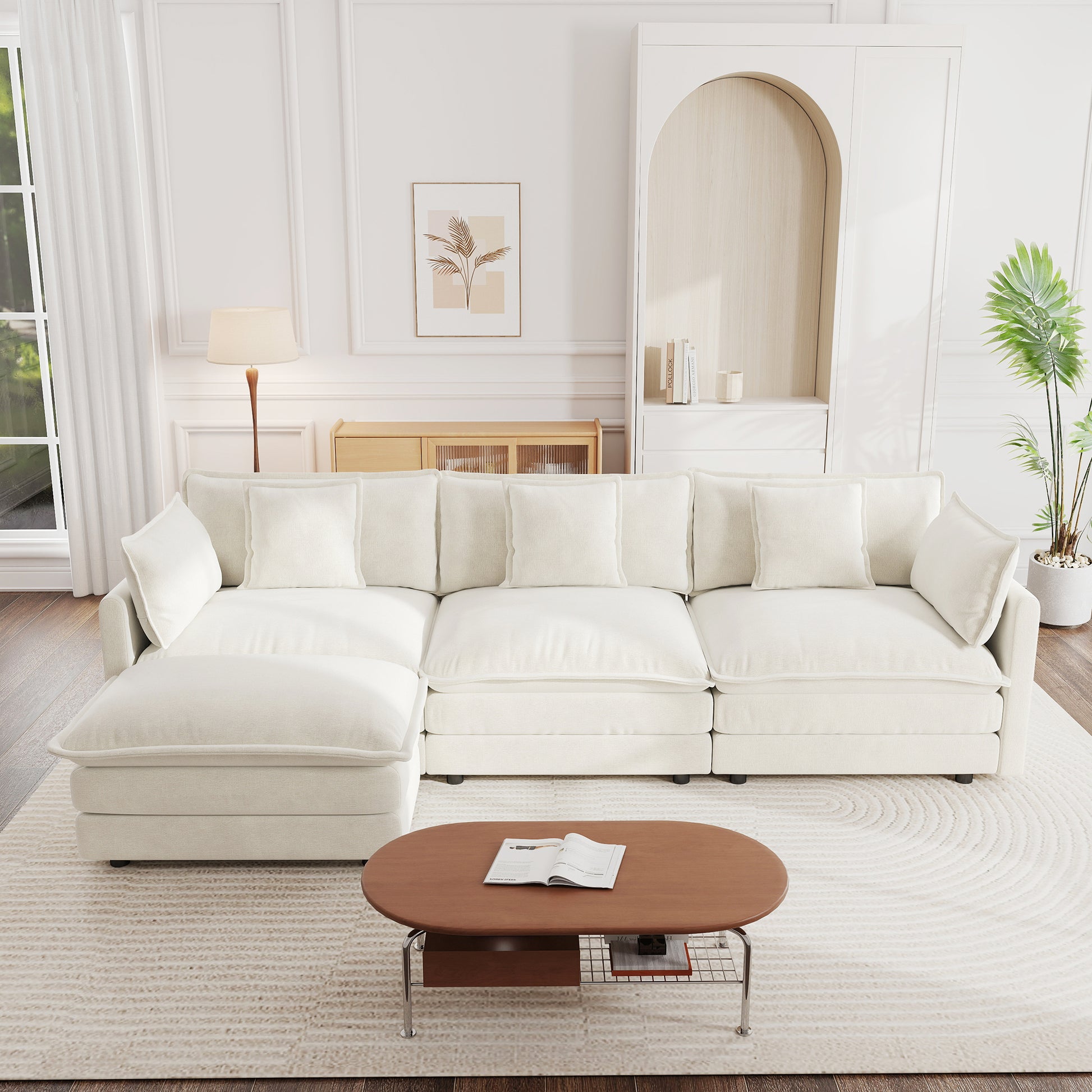 Free Combination Comfy Upholstery Modular Oversized L Shaped Sectional Sofa With Reversible Ottoman, White Chenille