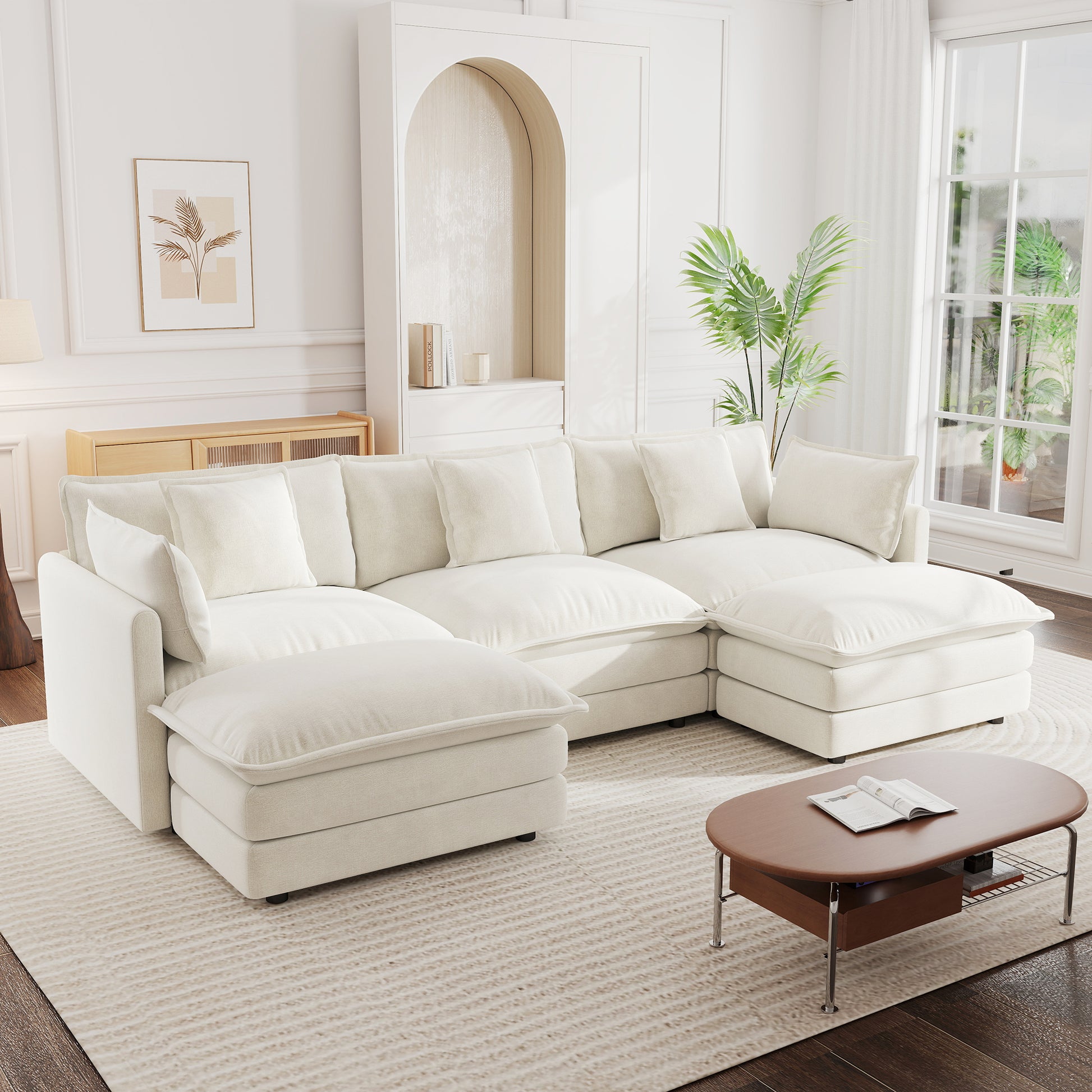 U-Shaped Sectional Sofa w/Reversible Footrest, 5-Seater Convertible Corner Couch with 2 Ottomans ,Modern Minimalist Soft Sofa & Couch for Living Room , White