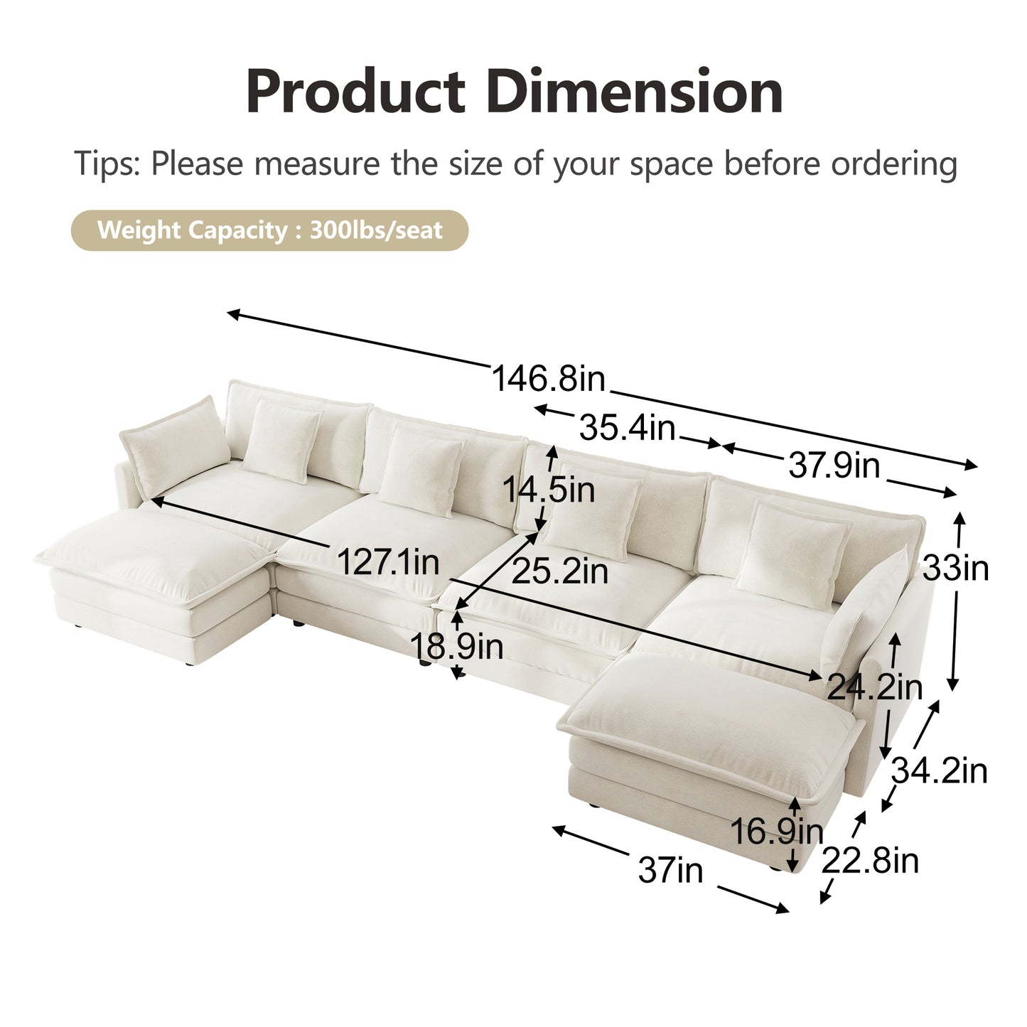 4 Seat White Chenille Modular Sectional Sofa