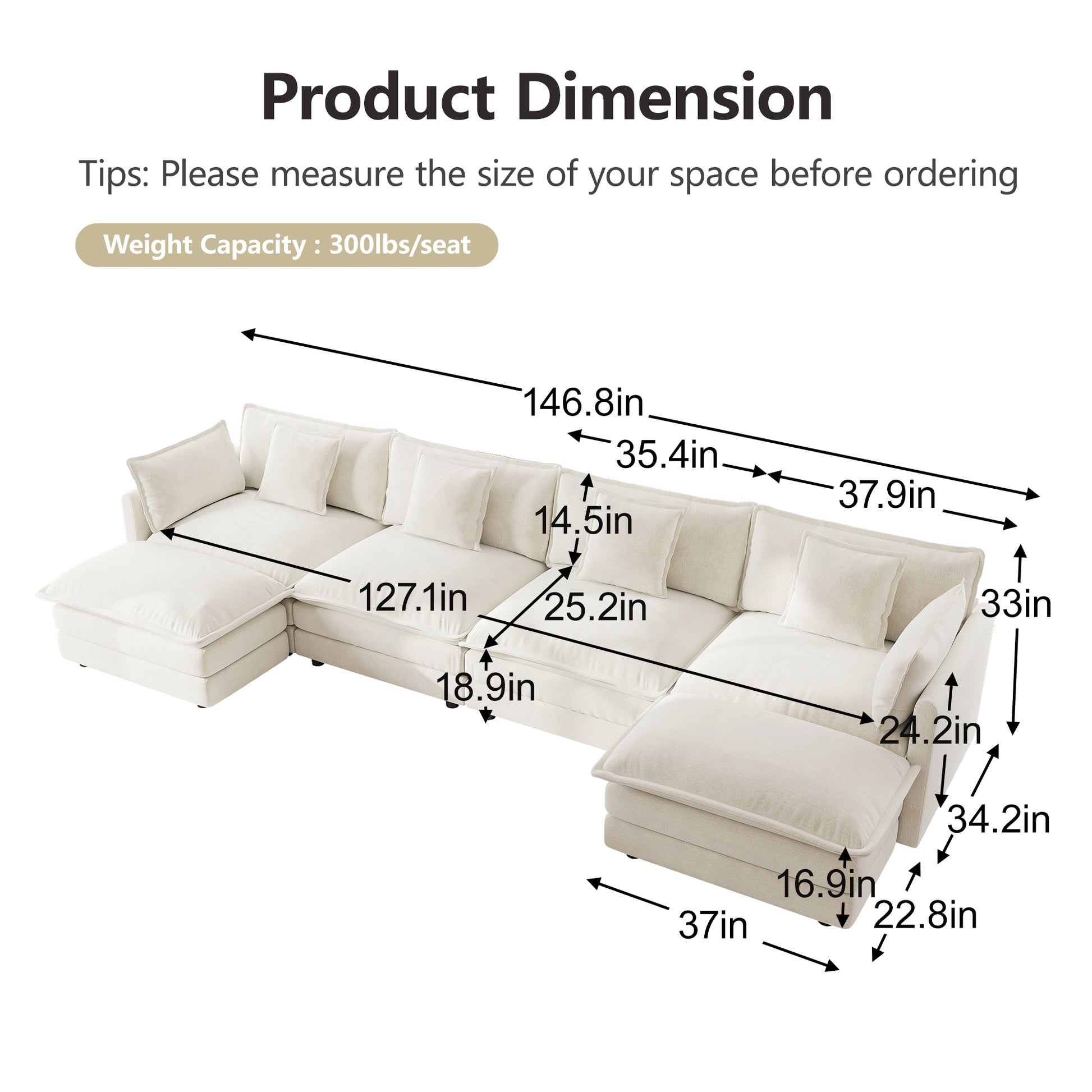 4 Seat White Chenille Modular Sectional Sofa