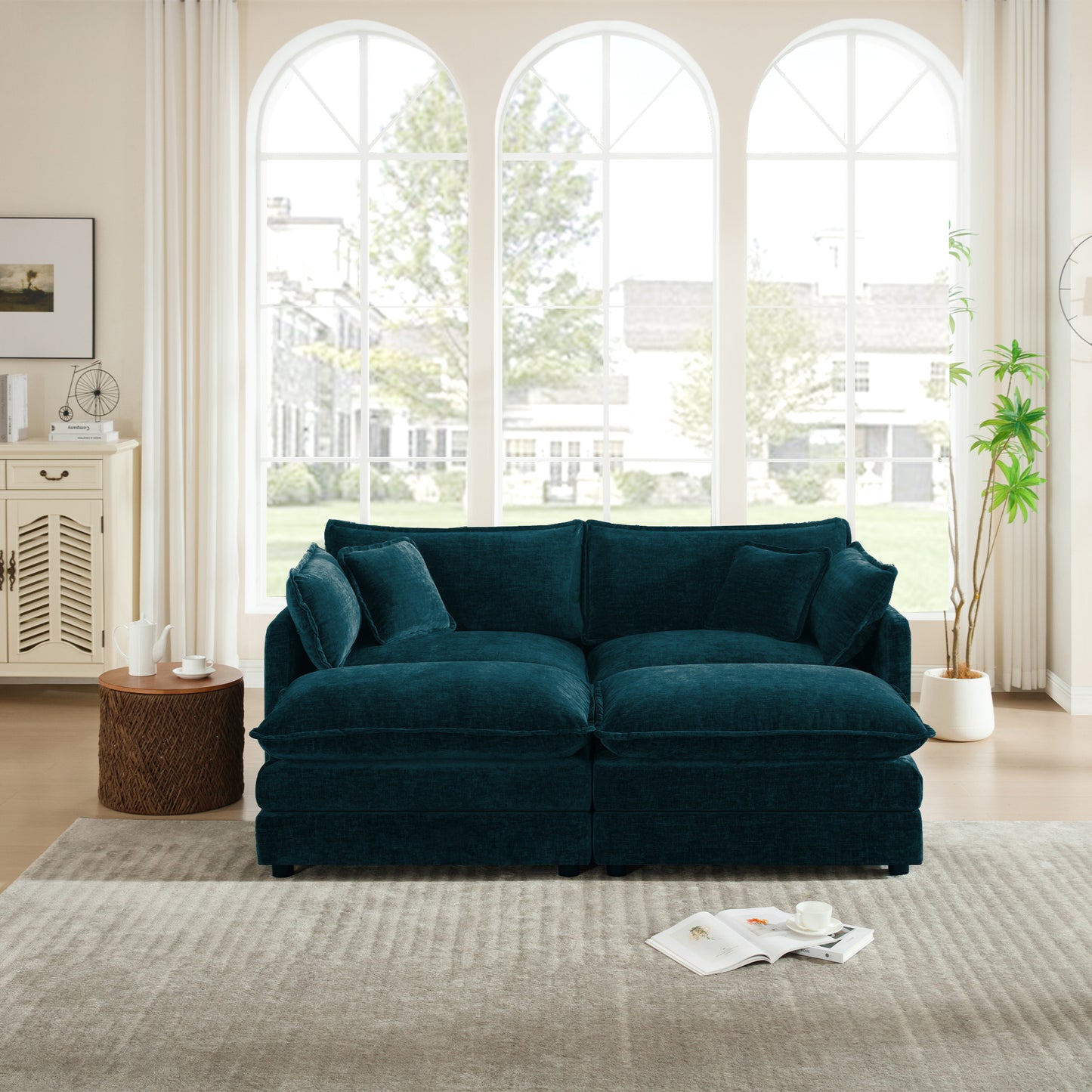 4 - Piece Upholstered Sectional Sofa, 1 - Piece of 2 Seater Sofa and 2- Piece of Ottomans , 2 Seater Loveseat Lounge with Ottomans , Blue Chenille