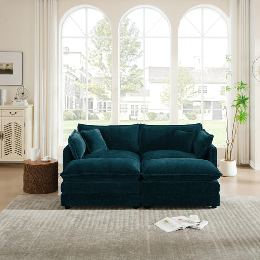 4 - Piece Upholstered Sectional Sofa, 1 - Piece of 2 Seater Sofa and 2- Piece of Ottomans , 2 Seater Loveseat Lounge with Ottomans , Blue Chenille