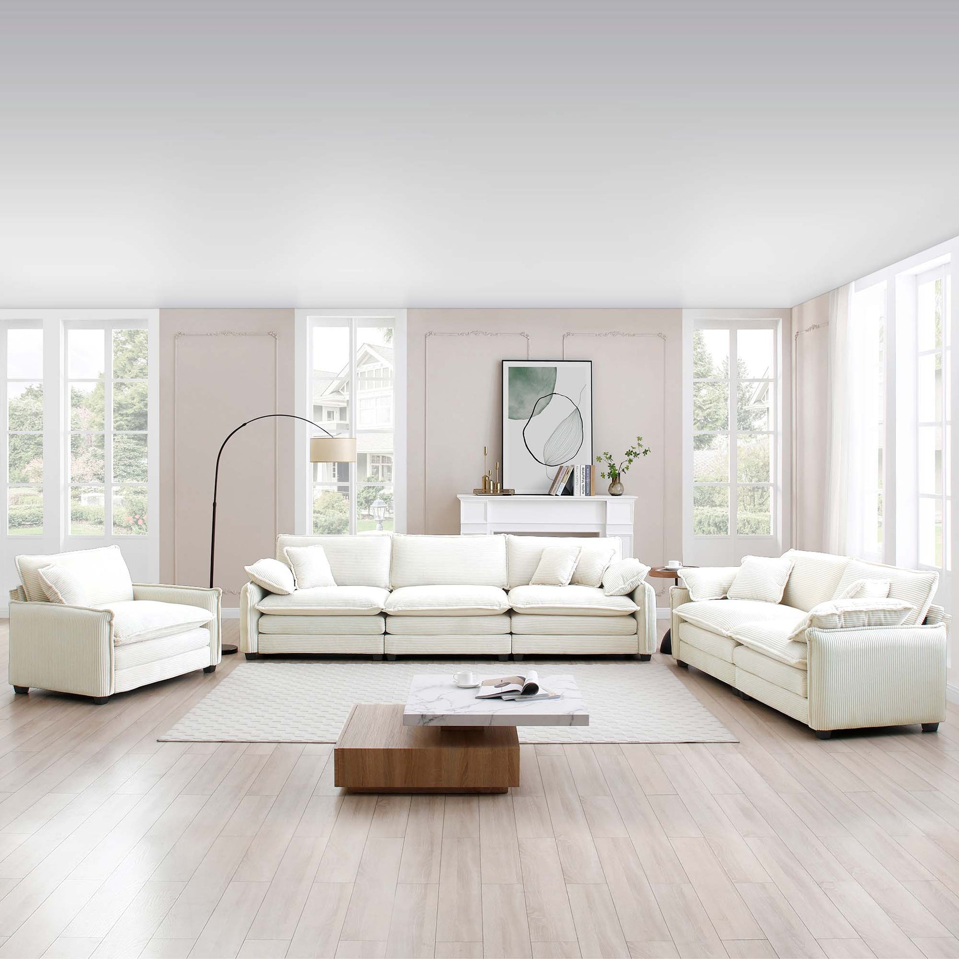 3 Piece  Comfortable Oversized Sectional Sofa, One Single Sofa and One 2-Seater Sofa and One 3-Seater Sofa , Beige Corduroy Deep Seat Sofa