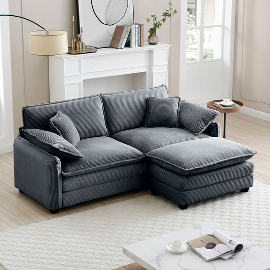 Two-Seater Sofa  with One Footrest, L-Shaped 2-Seater Sofa with Ottoman for Small Living Spaces,Grey Corduroy