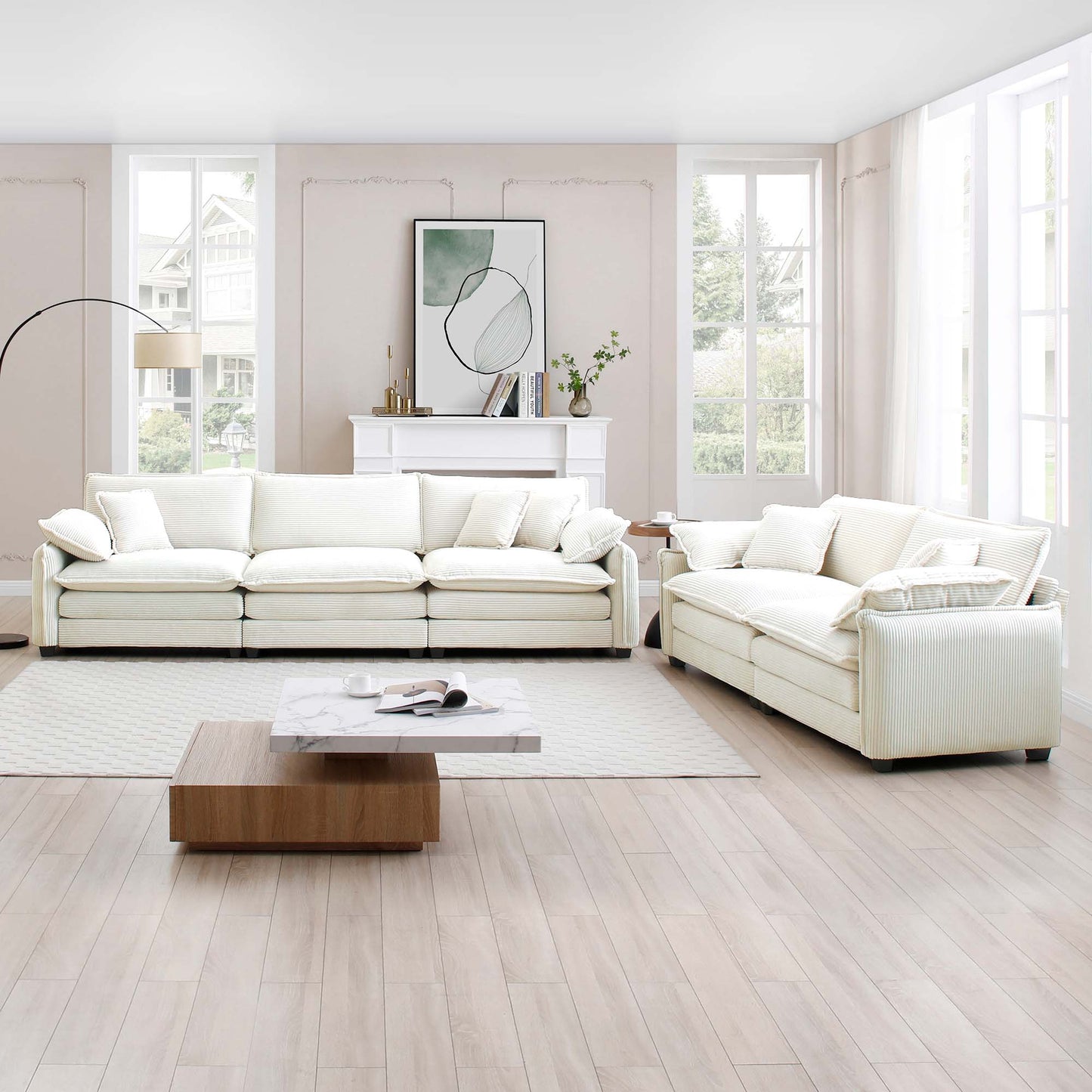 5 Seat Corduroy Sofa Set Beige - Living Room Sofa