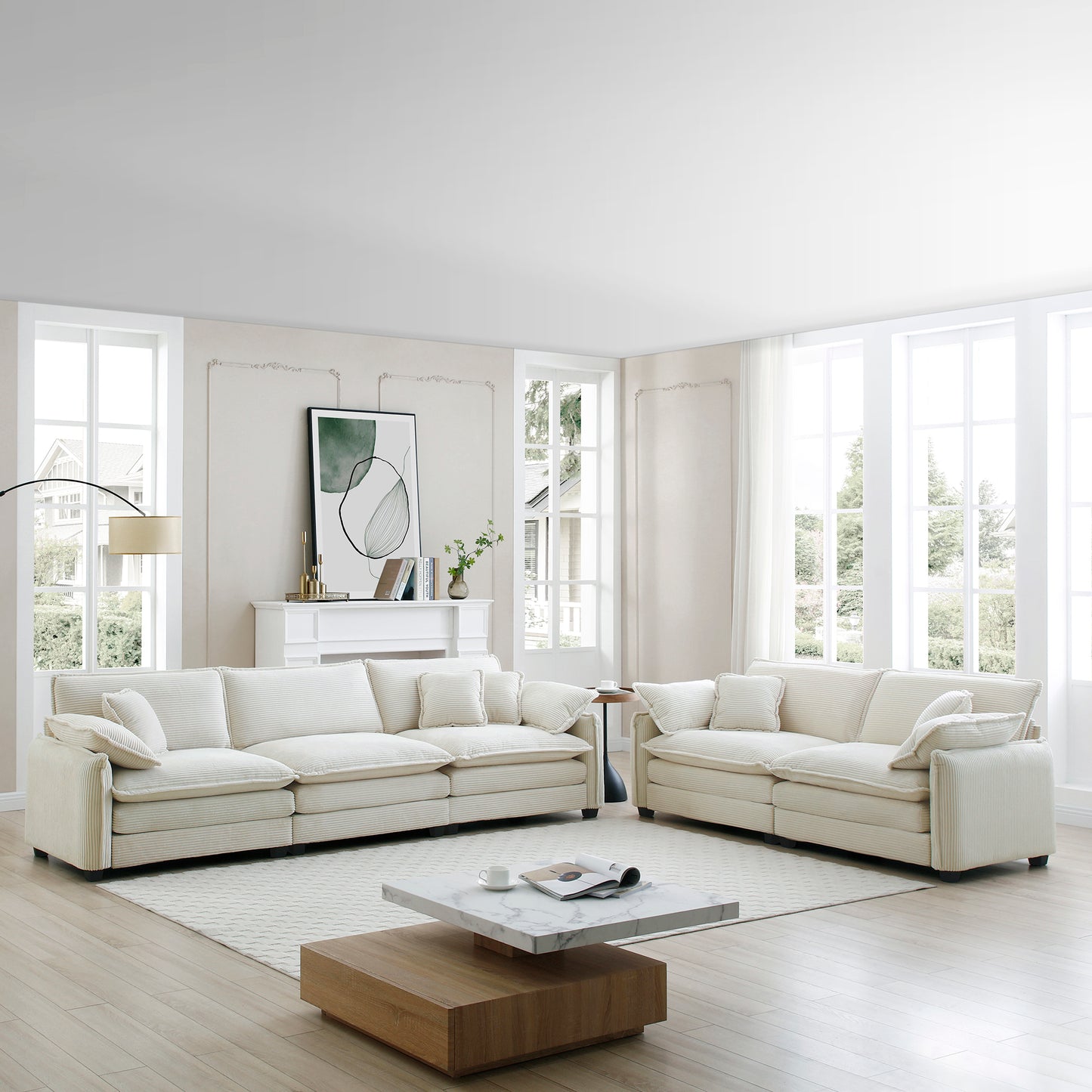 5 Seat Corduroy Sofa Set Beige - Living Room Sofa