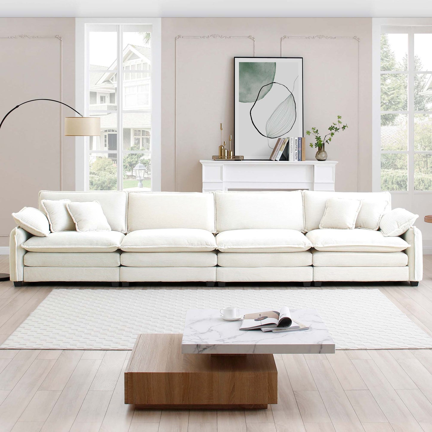 Beige Corduroy Sofa, Modern 4 Seater Upholstered Living Room Seating