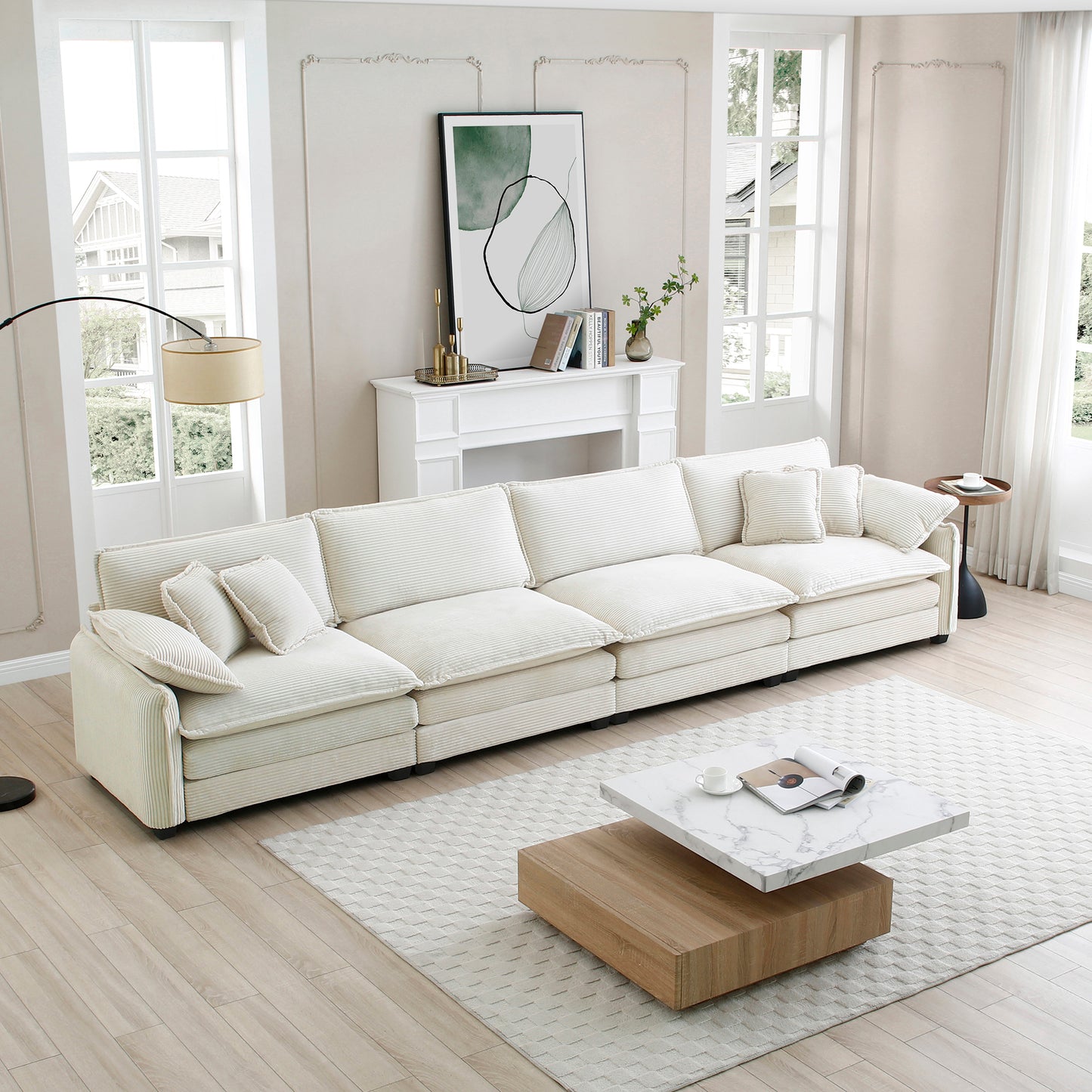 Beige Corduroy Sofa, Modern 4 Seater Upholstered Living Room Seating