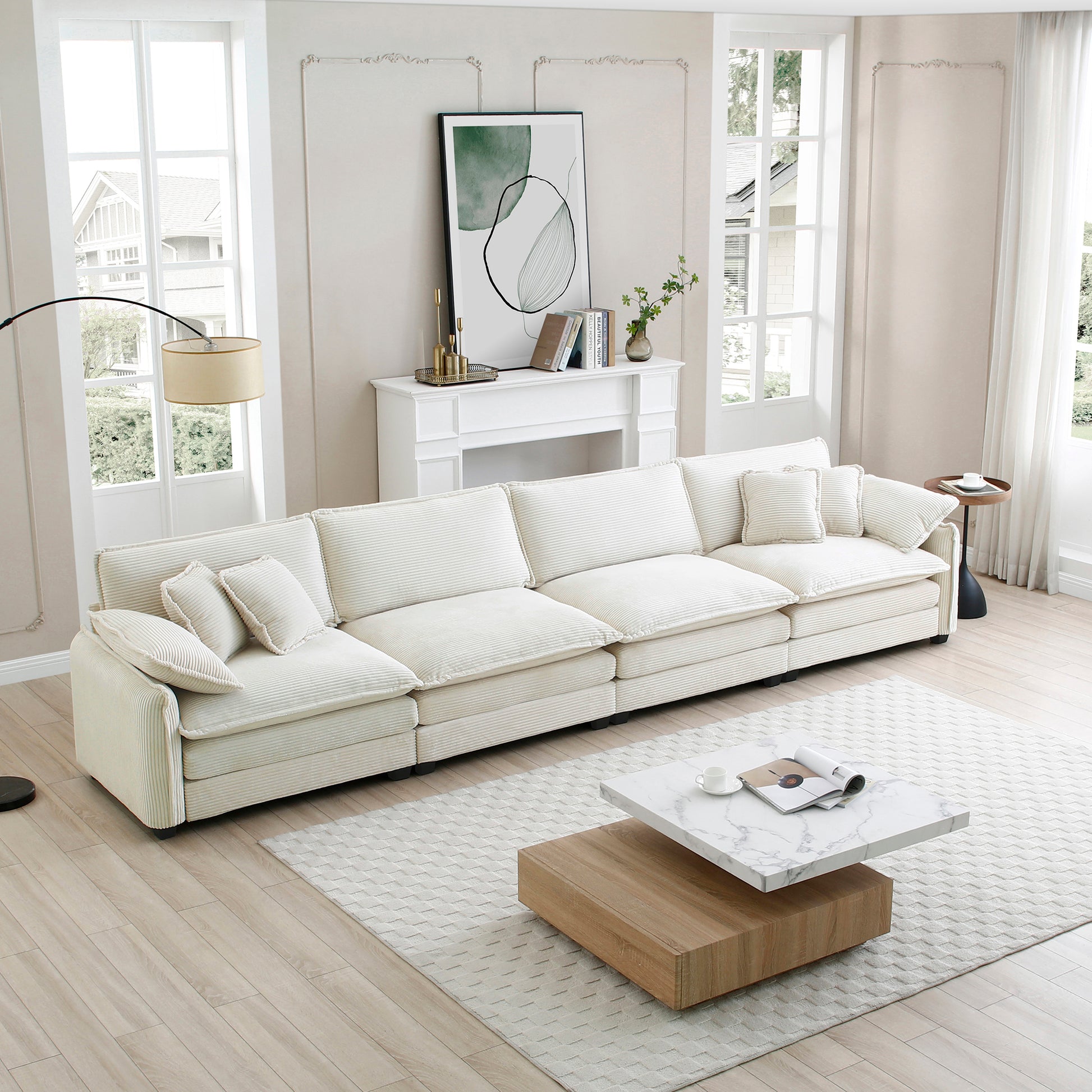Beige Corduroy Sofa, Modern 4 Seater Upholstered Living Room Seating