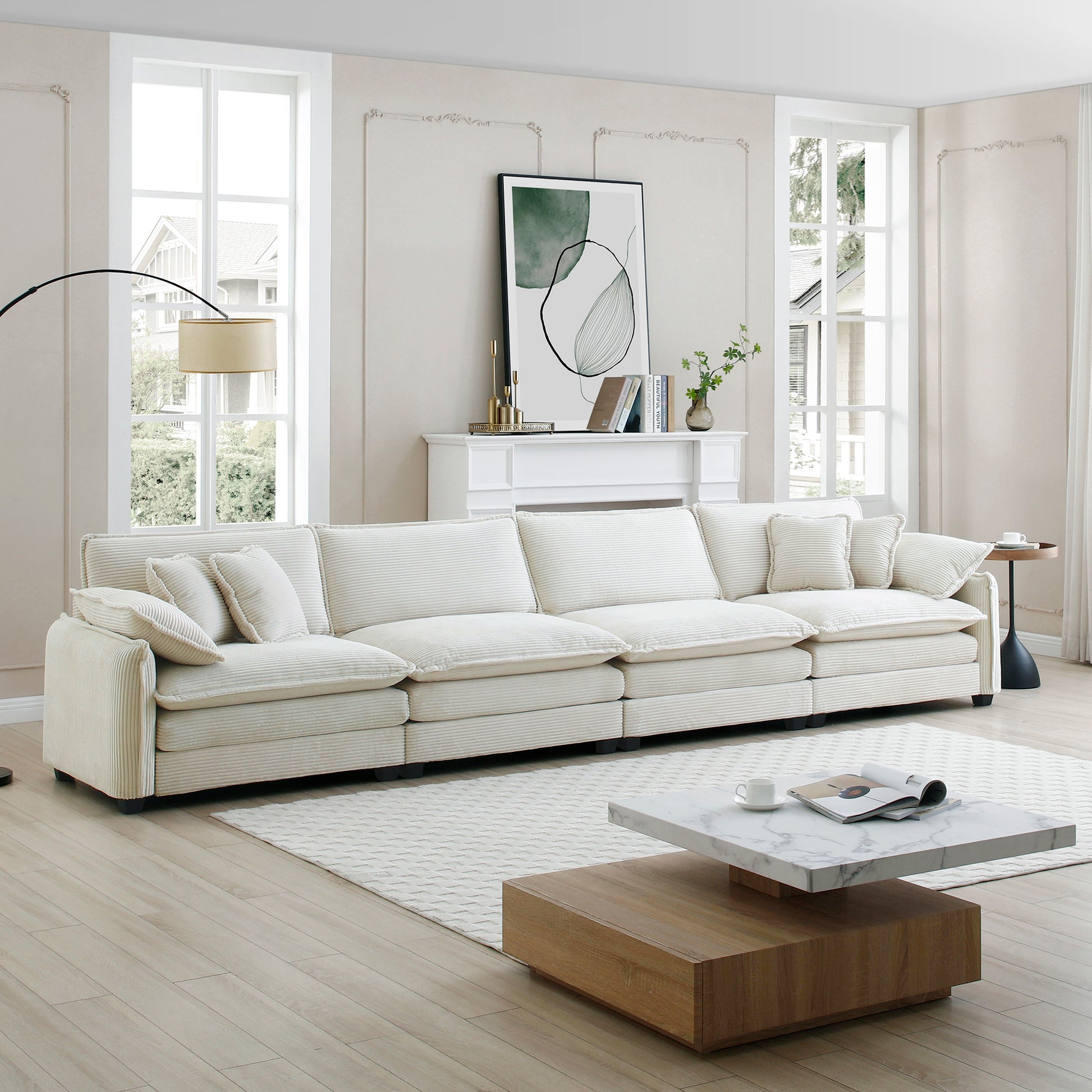 Corduroy Sofa , Modern Upholstered 4 Seater Corduroy Fabric Sofa , Office Living Room Apartment Comfortable Sofa, Easy to Assemble with 2 Arm Pillows and 4 Throw Pillows